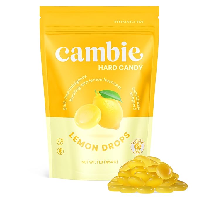 Cambie Sugar Free Lemon Drops, 1 lb of Sugar Free Hard Candy, Individually Wrapped Lemon Drops with a Refreshing & Sweet Citrus Flavor, Packaged Fresh in a Resealable Pouch
