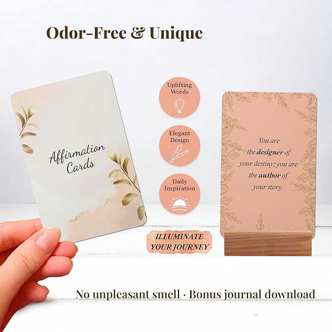 Positive Affirmation Cards for Women – 50 Daily Affirmations for Mindfulness, Self- Care & Meditation with Wooden Stand | Inspirational and Motivational Birthday Gifts for Women, Mom & Friends