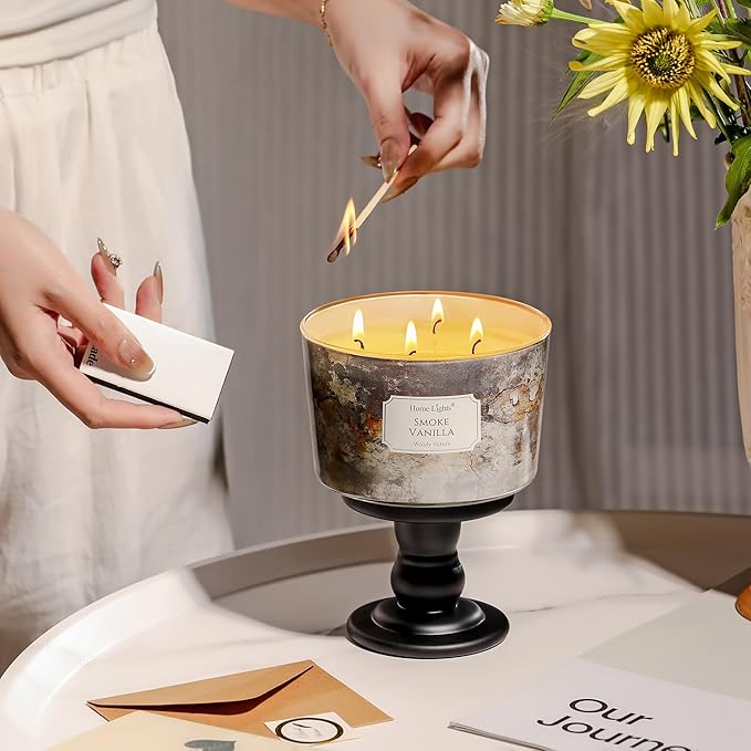 HomeLights Large jar Candle | 4-Wick Long-Lasting Scented Candles, 18oz Natural Soy Wax Candle for Home Scented, Industrial Chic Gifts for Women & Men, Smoke Vanilla