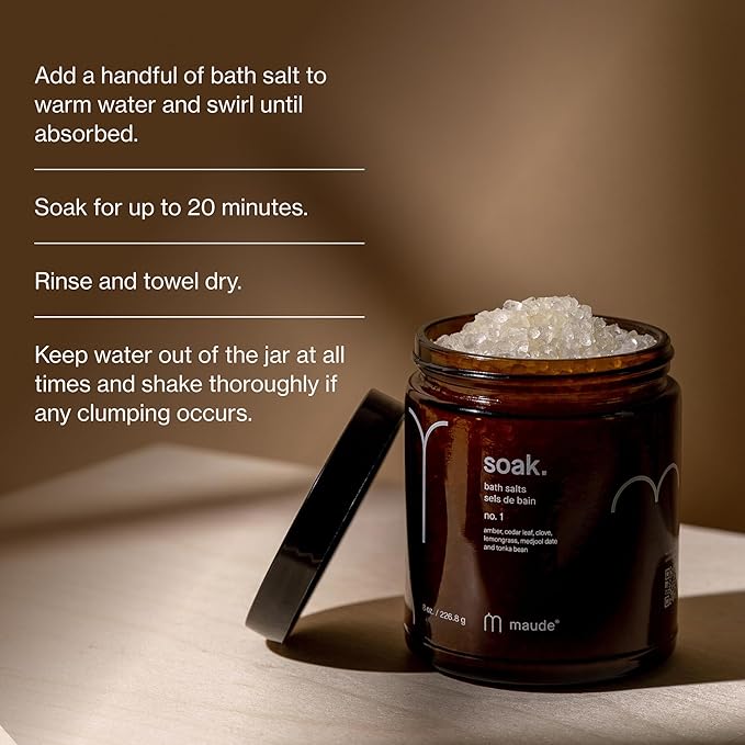 Maude Soak No. 1 - Nourishing Mineral Bath Salts - Hand-Harvested Dead Sea Salt with Magnesium & Potassium Chloride - Soften & Rejuvenate Skin - Notes of Amber, Cedar Leaf & Clove (8 oz)