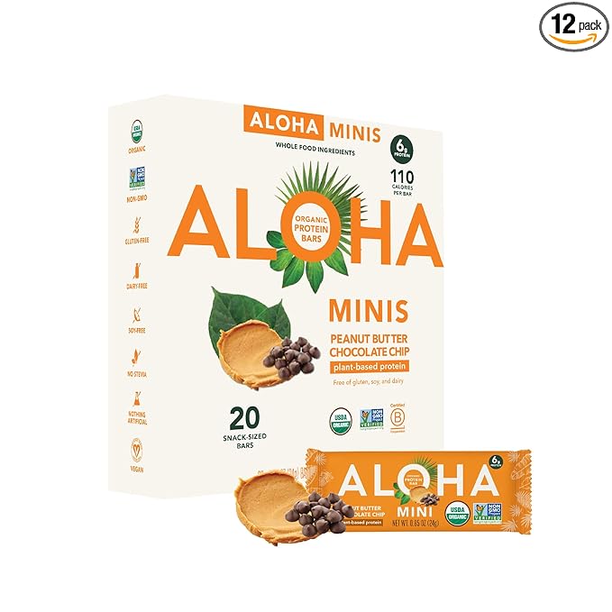 ALOHA Organic Plant Based Protein Bar MINIS |Peanut Butter Chocolate Chip | 20 Count, 24g Bars | Vegan, Low Sugar, Gluten Free, Low Carb, Non-GMO, Stevia Free, Soy Free, No Sugar Alcohols