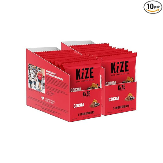 KiZE Energy Bars - Cocoa - 20-Count - Gluten Free, Non-GMO, and High Protein Meal Replacement Energy Bars, Clean and Simple Food Ingredients - 10g High Protein Snacks (20 Count)