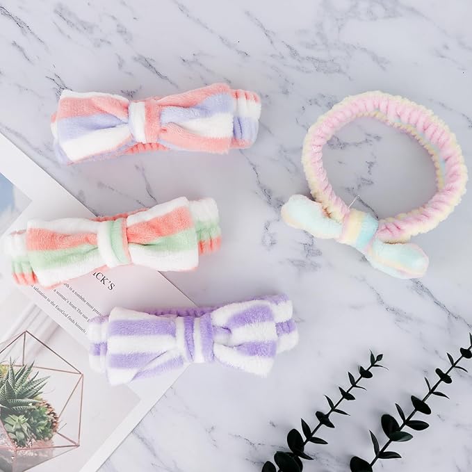 Ondder 8 Pcs Striped Spa Headband, Fuzzy Skincare Headbands for Women - Multipurpose Hair Band for Washing Face, Makeup, Facial, Yoga - Fleece, Terry Cloth, Microfiber, 8 Count Pack