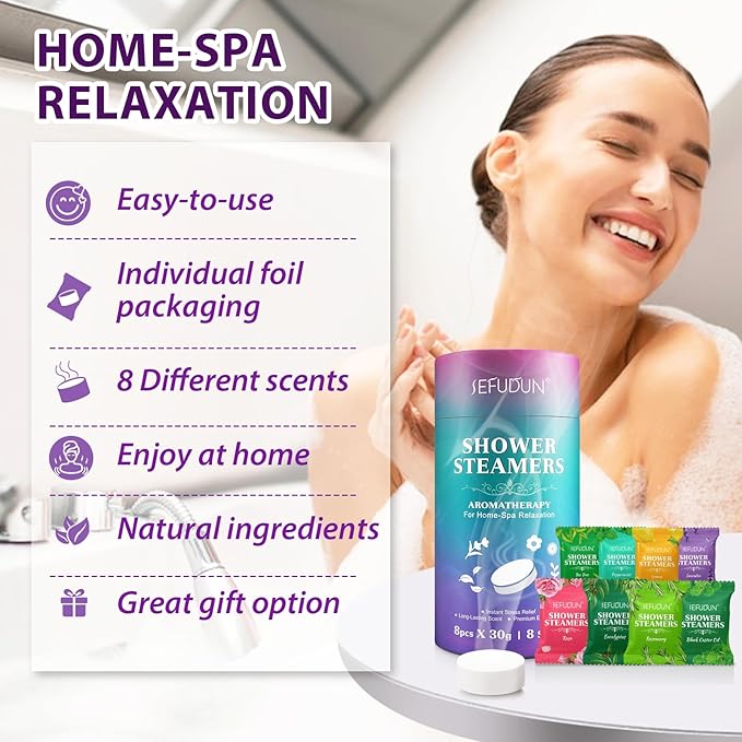 Shower Steamers Aromatherapy, Premium Long-Lasting Shower Bombs, 8 Natural Scented Shower Tablets, Individually Foil Packaged for Freshness