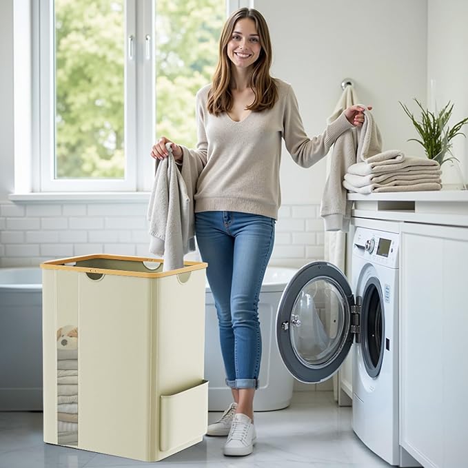 Laundry Basket Clothes Hamper with Lid and Pocket Large Collapsible Laundry Baskets with Handle, Freestanding Hampers for Bedroom Aesthetic, Dorm, Bathroom, Laundry Room (150L, Beige)