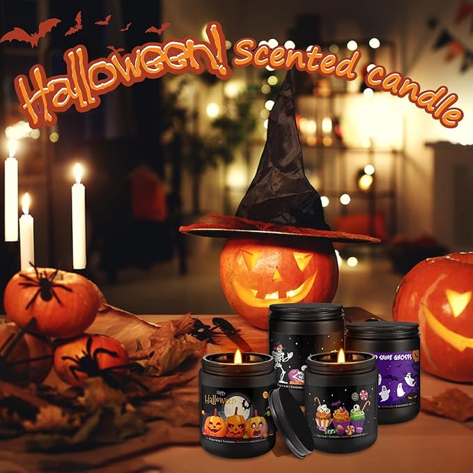 4 Pack Black Halloween Scented Candles -7oz Soy Wax Candles with Essential Oils (Rosemary, Vanilla, Gardenia, Lavender) -for Halloween, Christmas, Home Decor