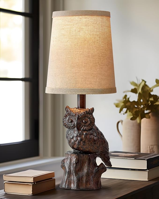 14.25" Small Table Lamp for Living Room Farmhouse Bedside Resin Single Lamp with Brown Owl Lamp Shape for Bedroom Retro Rustic Nightstand Lamp