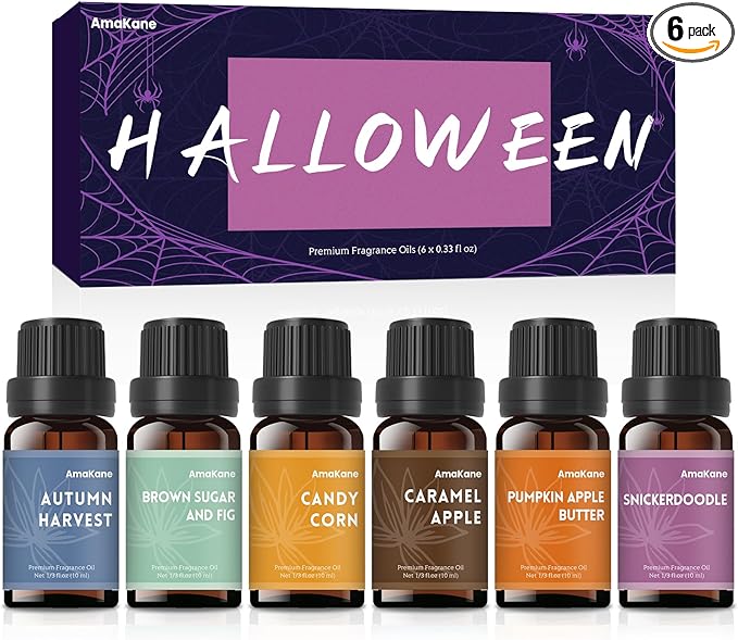 AmaKane Halloween Fragrance Oil Set, 6x10ml Fall Essential Oils for Diffuser, Candle Soap Making Scents- Brown Sugar and Fig, Pumpkin Apple Butter, Caramel Apple, Candy Corn and More