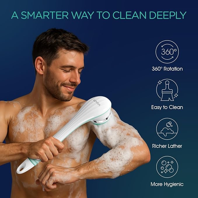 VOYOR Electric Silicone Body Scrubber, Back Scrubber for Shower, Waterproof Long Handle Body Brush, Rechargeable Power Bath Brush for Cleansing, Exfoliating, Massaging Skin BC100 (Blue)