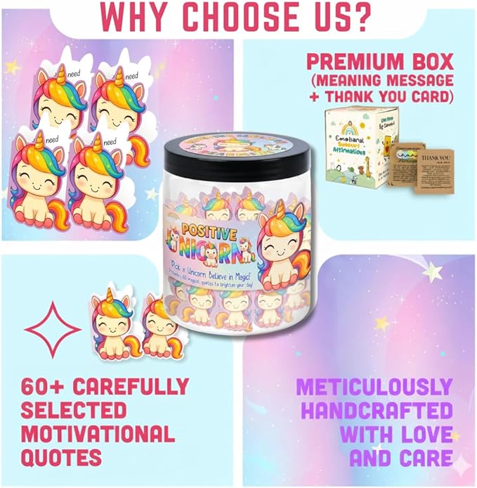 Positive Unicorn Jar with 60 Daily Affirmation Cards, Emotional Support Unicorn Gifts for Women, Stress Relief, Unicorn Birthday Gift, Unicorn Decor, Unicorn Girls Gifts, Unicorn Accessories