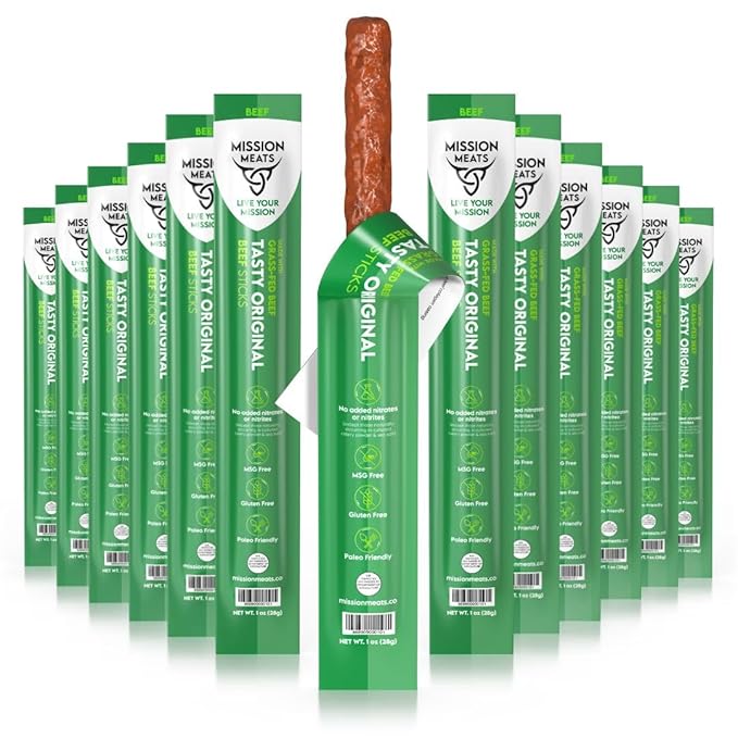 Mission Meats Beef Sticks – 100% Grass Fed & Pasture Raised, Zero Sugar, Gluten Free, Individually Wrapped Healthy Snacks, Whole 30 & Paleo Friendly, Original 1oz (Pack of 24)