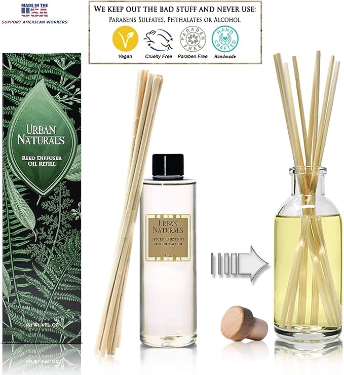 Urban Naturals Spiced Chestnut Oil Reed Diffuser Refill with Free Set of Reed Sticks β Comforting Autumn Scent of Chestnuts, Cinnamon, Clove and Cedar Wood β Vegan, 4 oz, Made in The USA