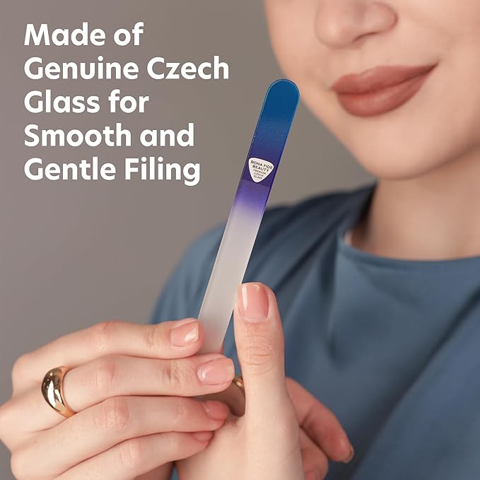 BONA Fide Beauty Glass Nail File Manicure Set, 2-Pieces Blue Ergonomic Comfort Grip Bow Ergofile for Gentle & Efficient Filing, Nail Care Tools Genuine Czech Glass