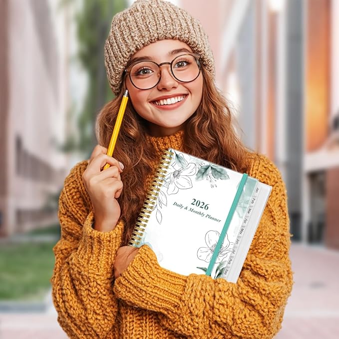 2026 Daily & Monthly Planner - One Page Per Day, Daily Planner from January 2026 - December 2026, Planner 2026 with 12 Monthly Tabs, 8.5" x 11", Teal Flower