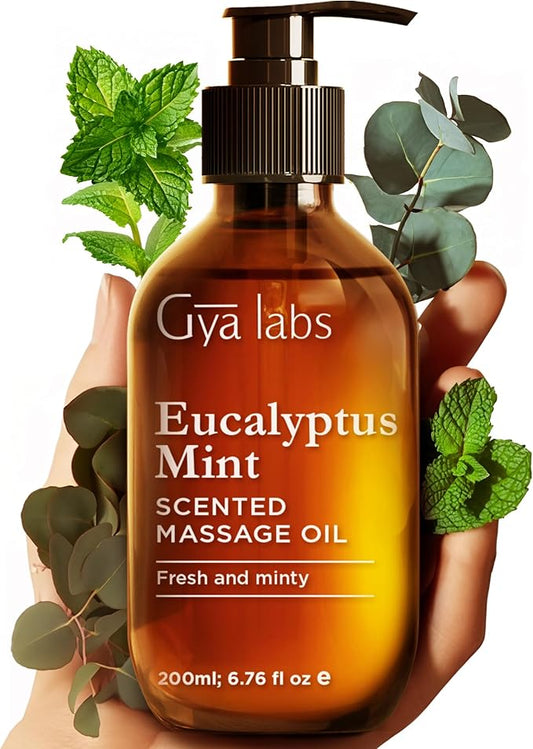 Gya Labs Eucalyptus Mint Massage Oil for Sore Muscles & Deep Relaxation - 6.76 fl oz - 100% All Natural Non-Greasy Body Massage Oil with Argan & Jojoba Oil for Men & Women - Professional & Home Use