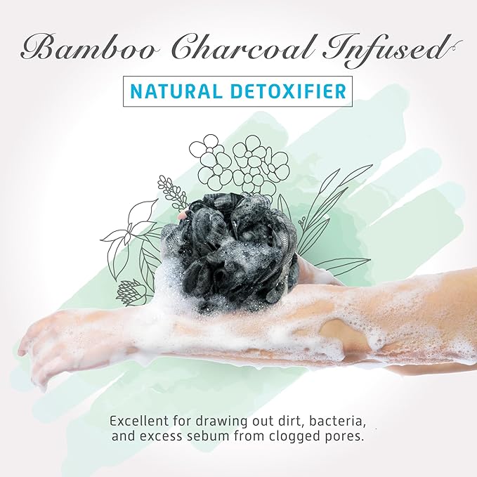 Spongentle Charcoal Bamboo Premium Deep Cleansing Loofah Sponge for Radiant Skin, Pack of 4, Bath and Shower, Exfoliating Body Scrubber, Beautiful Colors for Women and Men