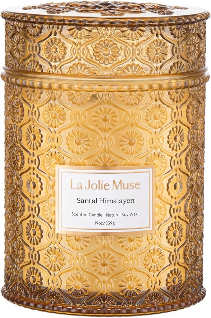 LA JOLIE MUSE Santal Himalayen Candle - Sandalwood, Fig & Amber |19 oz Large Wooden Wick Candle | Natural Soy Wax | 90 Hours Clean Burn | Gift-Ready for Hosts & Gatherings | Elegant Home Décor