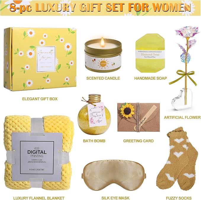 Birthday Gifts for Women Self Care Gifts Get Well Soon Gifts, Rose Relaxing Spa Gifts Basket Care Package, Luxury Flannel Blanket, Thanksgiving Christmas Gifts for Mom Her Grandma Friend Sister Wife