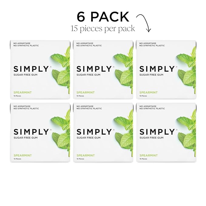 SIMPLY Gum | Dental Gum | Xylitol Chewing Gum - Sugar Free | Spearmint | Pack of Six (90 Pieces Total) | Synthetic Plastic Free + Sugar Free + Aspartame Free