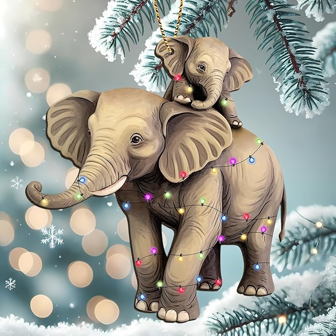 2 Side Printed Elephant Wooden Christmas Ornaments, Keepsake for Women, Men and Friends, Elephant Family Christmas Tree Ornaments, Animal Christmas Tree Decorations