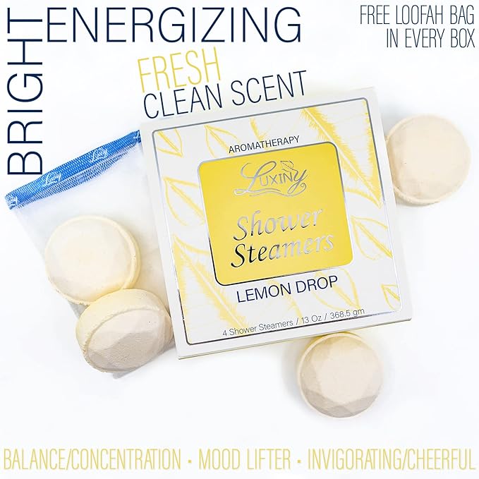 Shower Bombs Aromatherapy in Your Shower, American Made by Luxiny, Shower Steamer Tablets Melt to Release a Fragrant Vapor for Natural Stress Relief – Pack of 4 XL Steamers (Lemon Drop)