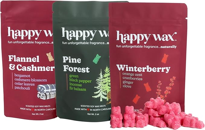 Happy Wax Winter Outdoors Mix Scented Natural, Non Toxic Soy Wax Melts; 6 Total Oz. of Holiday Scented Wax Melts, Collection Includes Winterberry, Evergreen Trees and Peppermint Bark