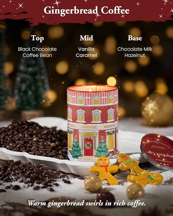 M&SENSE Gingerbread Coffee Christmas Candles, Aromatherapy Candle for Stress Relief Meditation Relaxing, Housewarming Gifts for Women Men, 11.3oz 70 Hour Long Burning