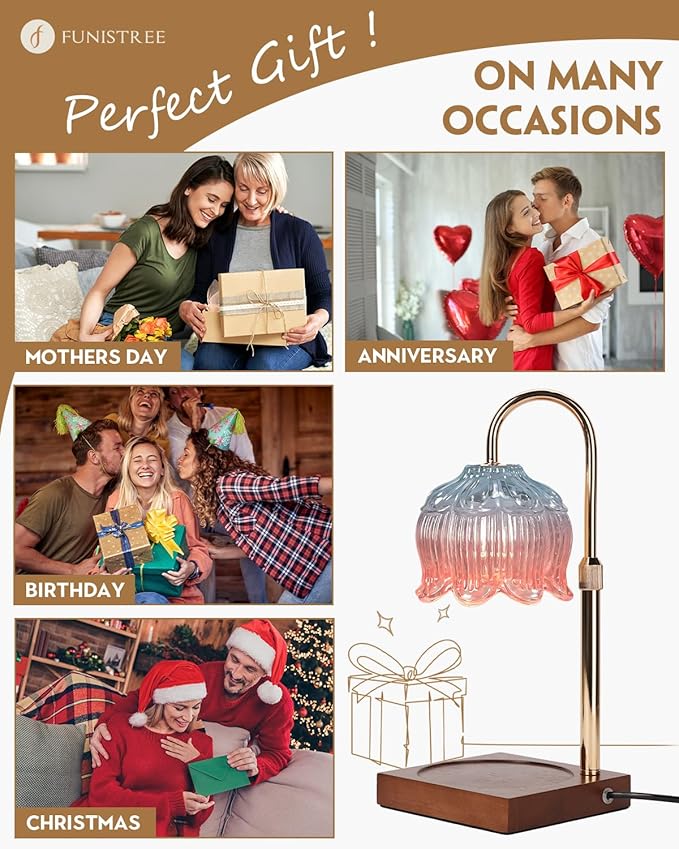 Candle Warmer Lamp with Timer Dimmable, Height Adjustable Birthday Gifts for Women Mom House Warming, Home Decor, Lotus Flower Candle Lamp Warmer 2 Bulbs Inc (Blue Pink)