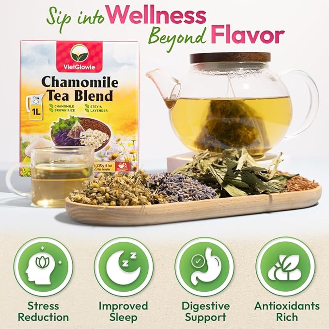 VietGlowie 20 Chamomile Blend Pyramid Tea Bags, 11.5g/Bag to 33oz, Chamomile, Lavender, Brown Rice, Stevia, Bedtime Tea, Sleep Support Herbal Tea, Caffeine-Free, 100% Natural, Corn-Based Tea Bags