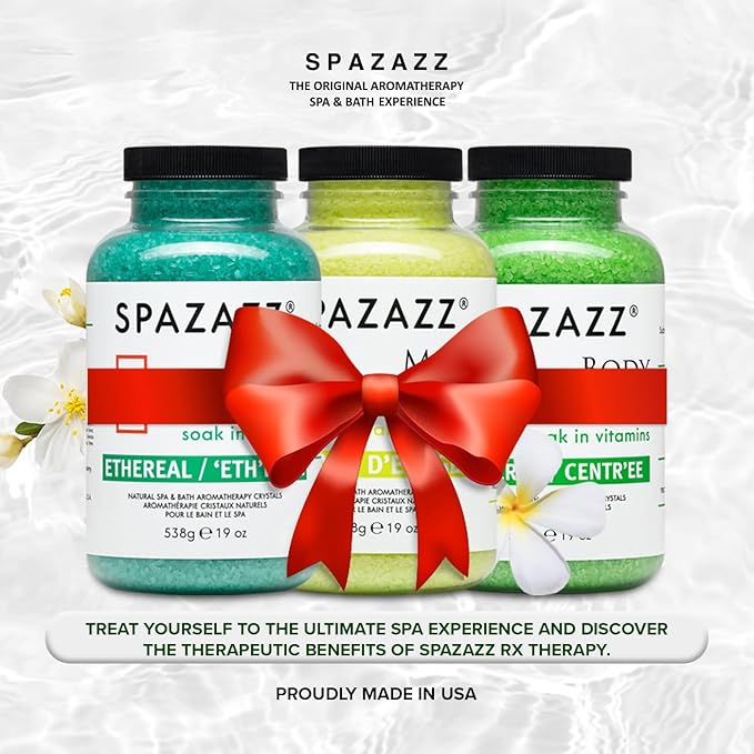 RX Therapy Spa and Hot Tub Aromatherapy Scented Relaxation Bath Salt Crystals - Mind Body and Soul Bundle Gift Set (19 Oz) Includes 5 Point Full Body Massage Tool & Hot Cold Towel (19OZ 3 Pack)