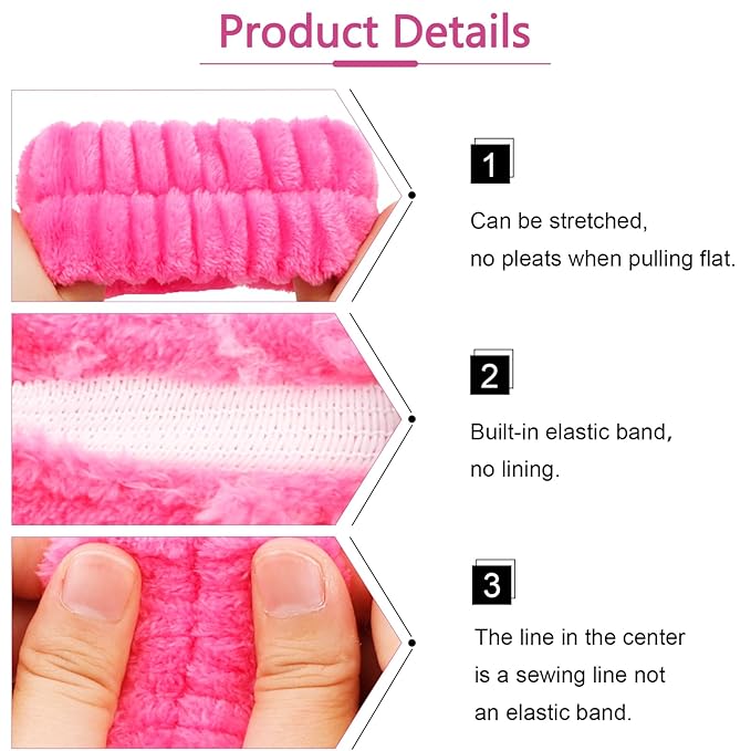 VELSCRUN Spa Headbands for Wash Face, Makeup Headband, Facial Skincare Headbands, 5 Pcs Hot Pink Puffy Sponge Spa Headband Bow Tie Hair Band Hair Clips Wristband Set Women Girls Accessories