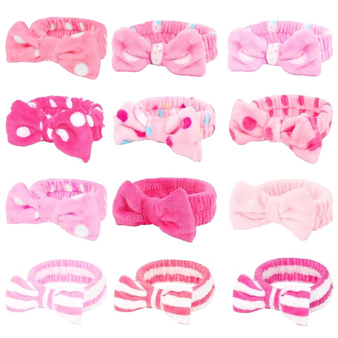 Casoty 12 Pcs Hair Makeup Headbands, Spa Headband for Washing Face, Soft Coral Fleece Headbands for Makeup, Bow Hair Band for Face Washing Shower Skin Care Yoga