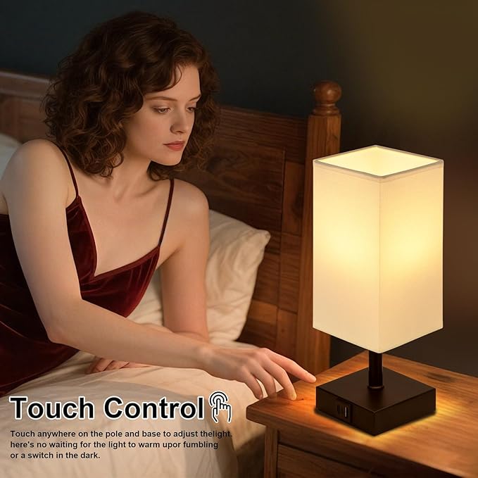 Ambimall Touch Control Table Lamp with USB A+C Charging Ports - 3 Way Touch Lamps Bedside, Nightstand Lamp for Bedrooms, LED Bulb Included(White Shade & Black Base)