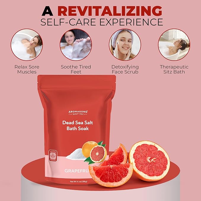 Aromasong Dead Sea Salt - Fine Grain Spa Salt Grapefruit Scent 14 Oz β 7 Uses Per Pack - Pure & Natural - Used for Body wash Scrub - Soak for Women & Men for Skin Issues and to Relax Tired Muscles