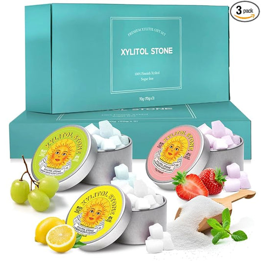 Xylitol Stone Sugar Free Candy - Vegan & Keto Friendly Unique Hard Candy - 100% Natural Flavor Candies - Gluten Free & Non-GMO Breath Freshener Mints - Pack of 3 (Strawberry, Green Grape, Lemon)