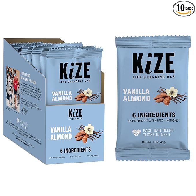 KiZE Energy Bars - Vanilla Almond - Gluten Free, Non-GMO, and High Protein Meal Replacement Energy Bars, Clean and Simple Food Ingredients - 10g High Protein Snacks, (10 Count)