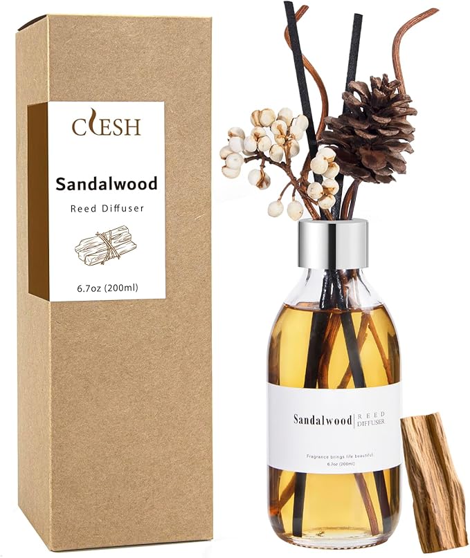 Clesh Reed Diffuser Set, 6.7 oz Sandalwood Scented Diffuser with Sticks, Home Fragrance Reed Diffuser for Bathroom Shelf Decor