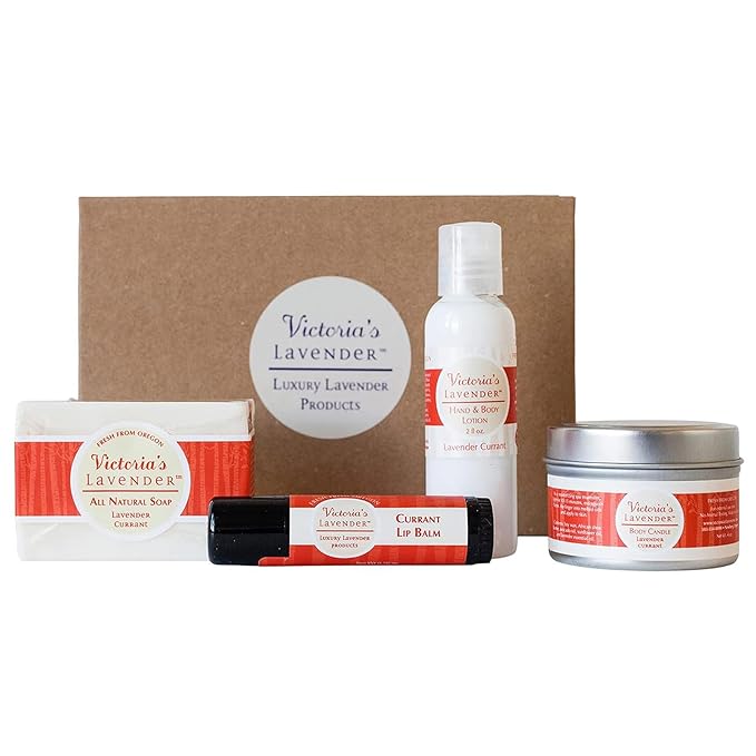 Victoria's Lavender Natural Body Products Gift Set - Handmade Soap, Hand & Body Lotion, Lip Balm, Body Candle Skin Care Set & Kit, Made in USA Lavender Bath & Body Products for Women, Lavender Currant