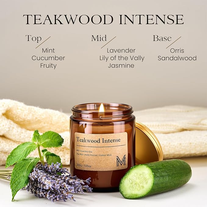 M&SENSE Teakwood Intense Candles for Home Scented Aromatherapy Candle Gift Set for Women and Men,7.05oz Soy Wax Long Lasting Amber Jar Candles Gift for Birthday Housewarming Mother's Valentine Day
