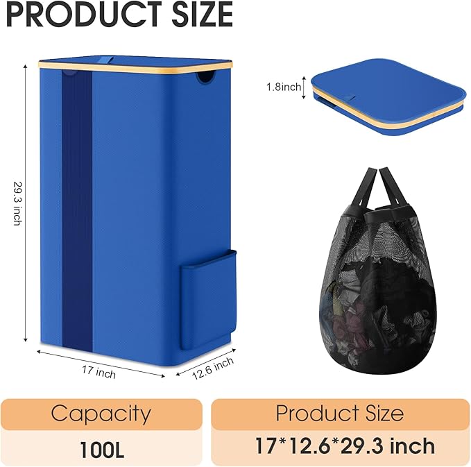 Laundry Basket Clothes Hamper with Lid and Pocket Large Collapsible Laundry Baskets with Handle, Blue Freestanding Hampers for Bedroom Aesthetic, Dorm, Bathroom, Laundry Room (100L)