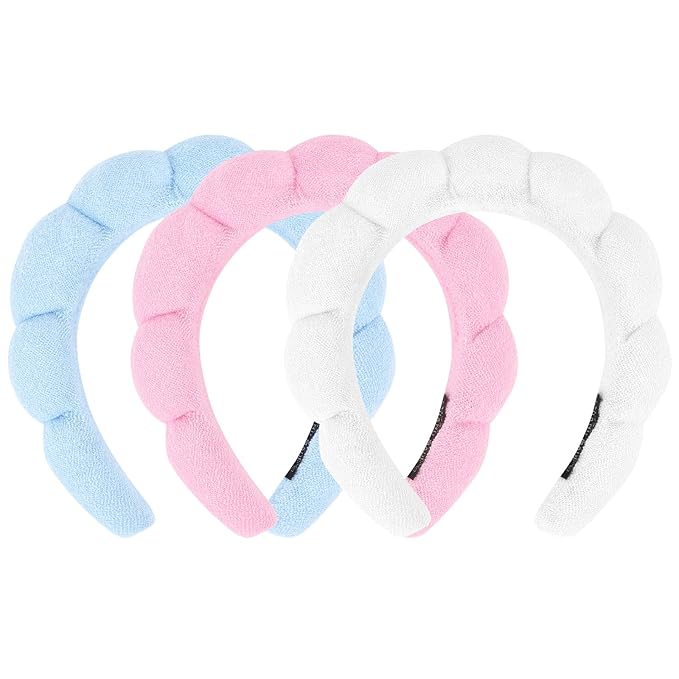 3 Pack Spa Headbands - Terry Cloth Puffy Hair Bands for Skincare, Makeup Removal, and Face Washing