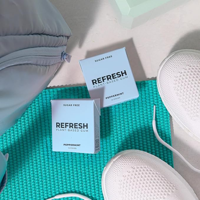 Refresh Gum, Xylitol, Natural, Sugar Free, Plastic Free, Natural Flavors & Organic Ingredients, Plant-Based, Low Calorie, Non GMO, Gluten Free, Vegan, Peppermint, 12 Pcs, 12 Pck