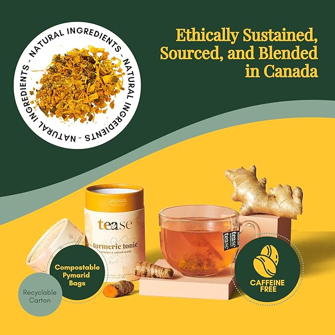 Tease Tea Turmeric Ginger Tea - Turmeric Tonic Herbal Tea, Anti-Inflammatory, Caffeine Free Drink Made with Ginger, Turmeric Root, and Calendula for Digestion Support and Tension Soothing