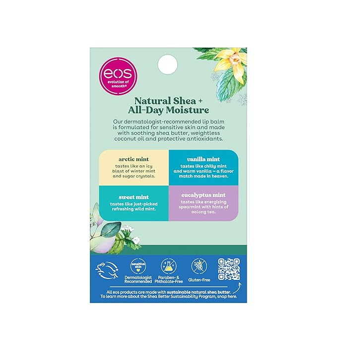 eos Natural Shea Minty Lip Balm Variety Pack - Artic, Vanilla, Sweet and Eucalyptus Mint, All-Day Moisture Lip Balm Gift Set, 0.14 oz, 4-Pack