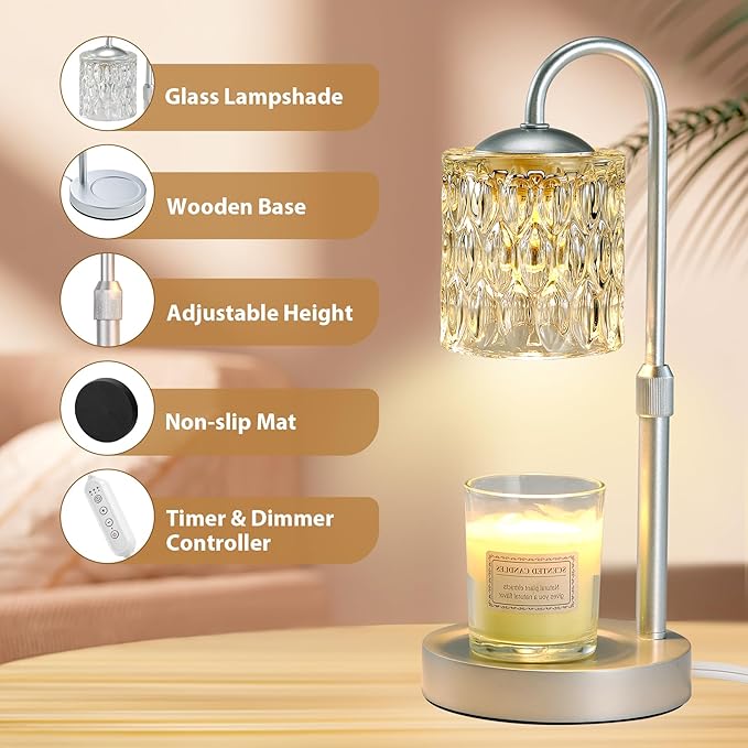 Briever Dimmable Candle Warmer Lamp with Timer, Height Adjustable Electric Candle Wax Warmer, Christmas Birthday Gifts for Women Mom, House Warming Gifts New Home Room Decor, Silver Solid Wood Base