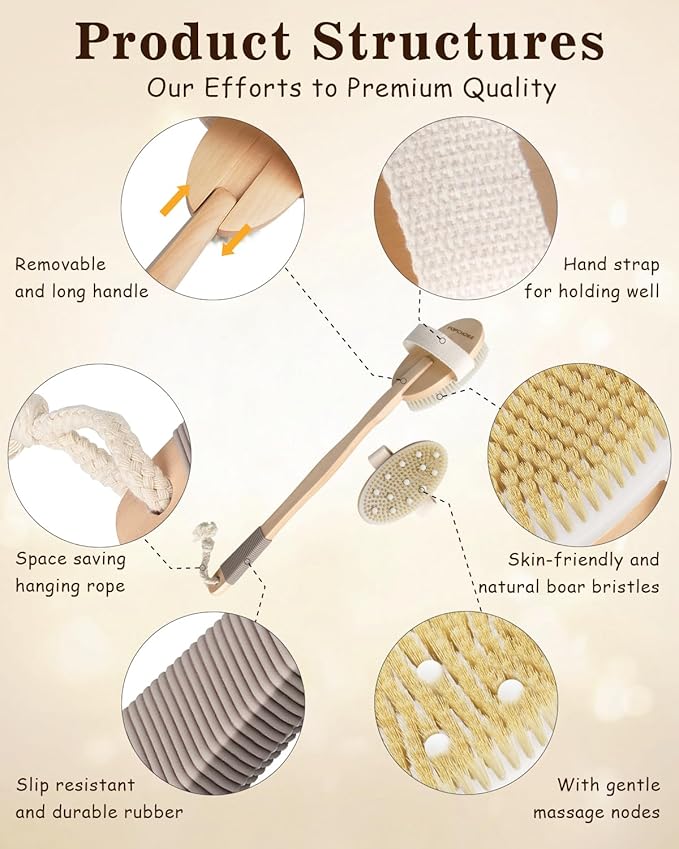 Dry Brushing Body Brush, POPCHOSE Body Scrubber for Men Women, Back Scrubber for Shower, Natural Bristle Exfoliator Scrubber for Body Cellulite and Lymphatic, Long Handle, Detachable, Dual Brush Heads
