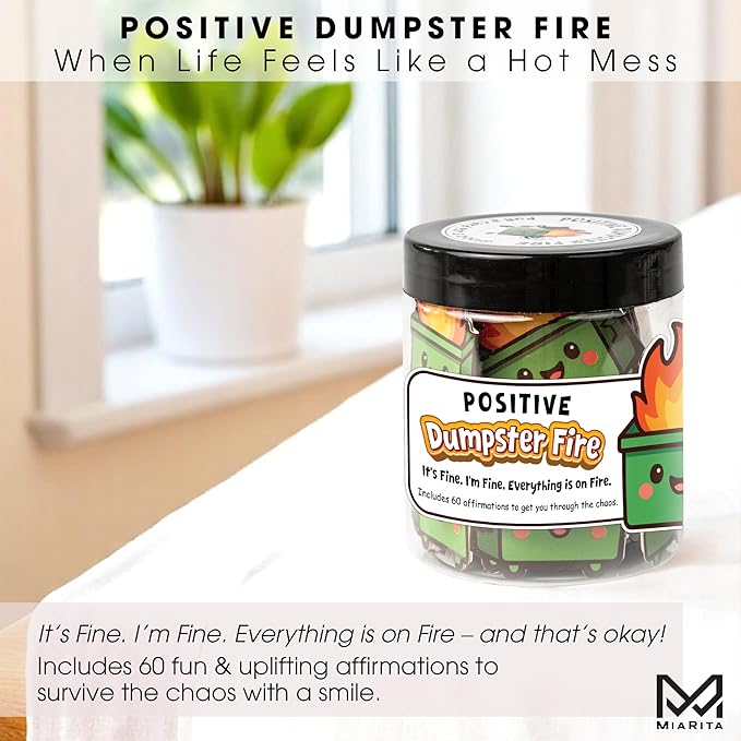 Positive Dumpster Fire Jar, Emotional Supports 60 Affirmation Cards for Women, Dumpster Fire Desk Accessories, Dumpster Fire Zen Garden, Coworker Gifts for Women, Best Gift for Boss