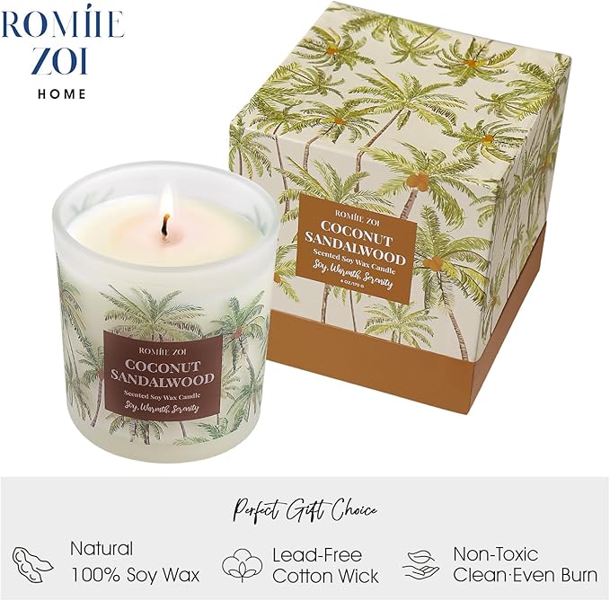 ROMIIE ZOI Coconut & Sandalwood Scented Candle - 6oz Soy Wax Candle for Home Scented, Stress Relief Candle Gifts for Women/Men