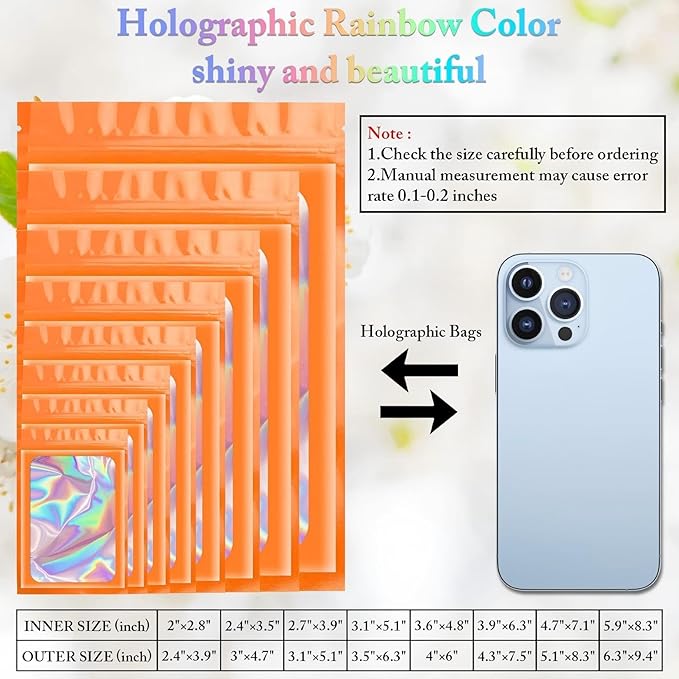 100 Pieces Smell Proof Mylar Resealable Bags, Holographic Packaging Bags, Resealable Odor Foil Pouch Zip Bags with Clear Window for Food Storage and Lipgloss, Jewelry Lash (Orange, 3.1 x 5.1 Inch)