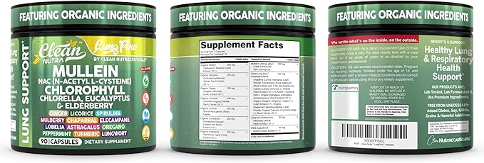 Clean Nutra Mullein Leaf Extract for Lungs Cleanse NAC Supplement Chlorophyll Chlorella Elderberry | Lung Detox for Smokers | Ginger Licorice Astragalus Oregano Turmeric Respiratory Support Capsules